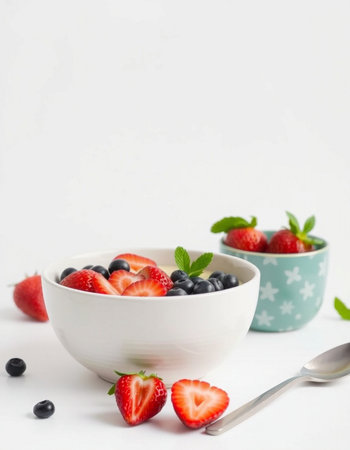 Strawberries and blueberries in a white bowl on a white backgroundの写真素材