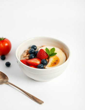 Oatmeal with fresh berries in a bowl on a white backgroundの写真素材