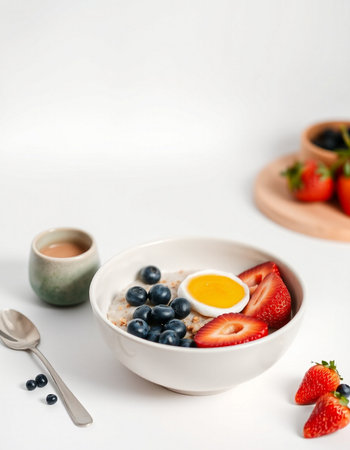 Healthy breakfast with oatmeal, berries and egg on white backgroundの写真素材
