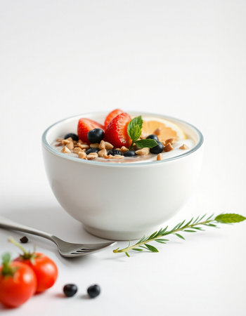 bowl of yogurt with berries and nuts on white background, healthy breakfastの写真素材