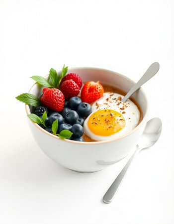 Yogurt with fresh berries in a bowl on white backgroundの写真素材
