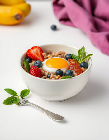 Bowl of oatmeal with fresh berries and egg on white backgroundの写真素材