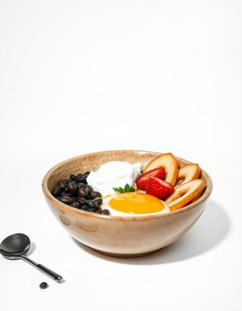 Breakfast with egg, fruit and coffee beans on white background