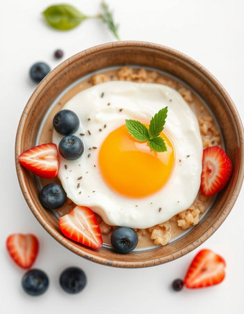 Breakfast with oatmeal, berries and fried egg on white background