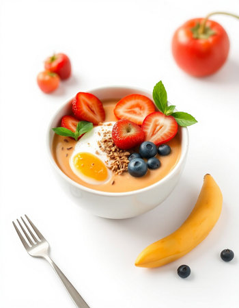 Yogurt with strawberries, blueberries and banana on white backgroundの写真素材