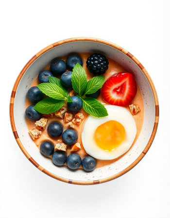 Bowl of oatmeal porridge with berries and egg on white background