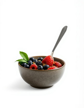 Bowl of fresh berries with spoon isolated on a white background.の写真素材