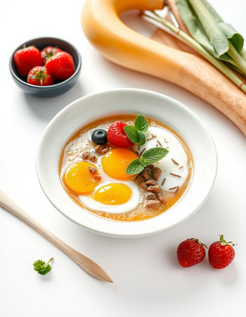 Bowl of porridge with fresh berries and egg on white backgroundの写真素材