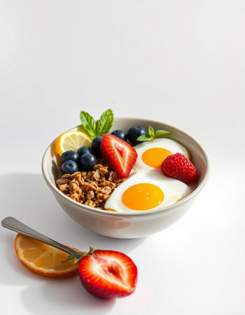 Healthy breakfast with muesli, fruits and fried eggs on white background