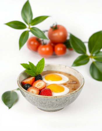 rice porridge with egg and strawberry on white backgroundの写真素材