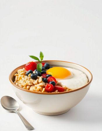 bowl of muesli with fresh berries on white background