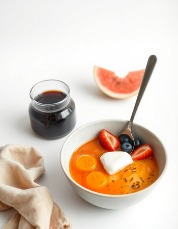 Healthy breakfast with fruit and yogurt in a bowl on white backgroundの写真素材