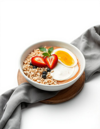 Breakfast bowl with oatmeal, berries and egg on white backgroundの写真素材