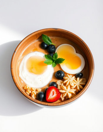 Healthy breakfast with blueberries, strawberries and eggs