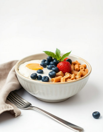 Breakfast with yogurt, strawberries and blueberries on white backgroundの写真素材