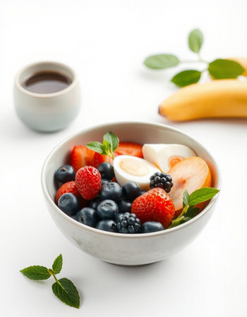 Healthy breakfast bowl with fresh berries, yogurt and coffee on white backgroundの写真素材