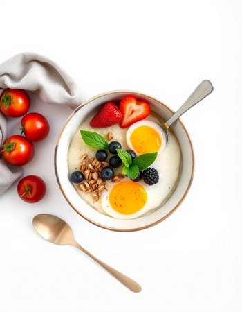 Healthy breakfast with berries and eggs on white background