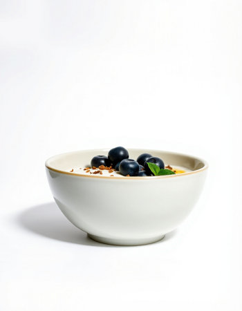 Oatmeal with blueberries in a white bowl on a white background