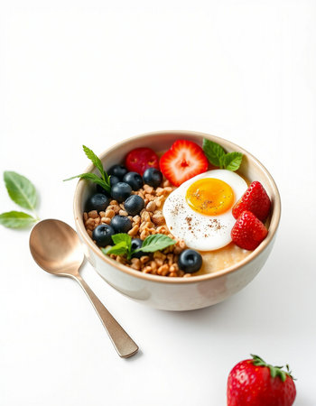 Healthy breakfast bowl with oatmeal, berries and egg on white background