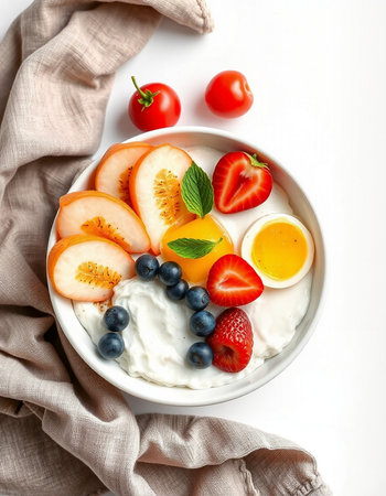 Greek yogurt with fresh berries and eggs on white background, top viewの写真素材