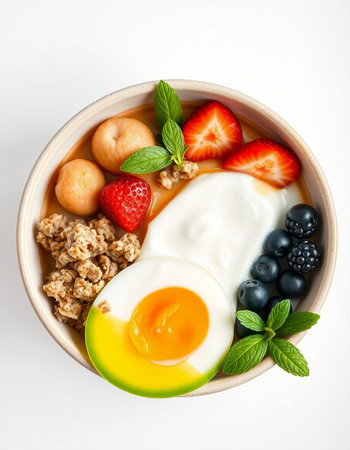 Bowl of oatmeal with fresh berries and eggs on white background