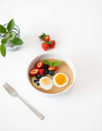 Healthy breakfast. Oatmeal porridge with strawberries, blueberries and eggs in a bowl on a white...