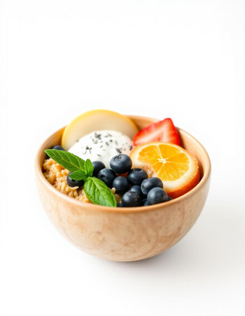 Healthy breakfast - oatmeal with fruits and berries in wooden bowl