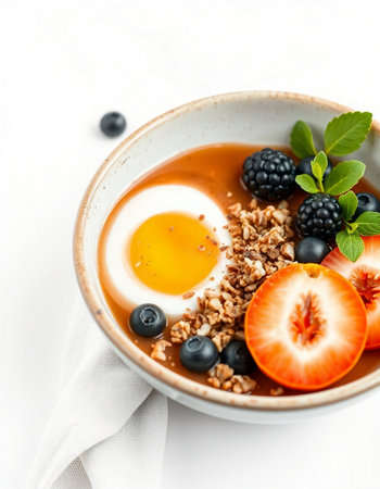 Healthy breakfast bowl with oatmeal, fresh berries and egg.の写真素材
