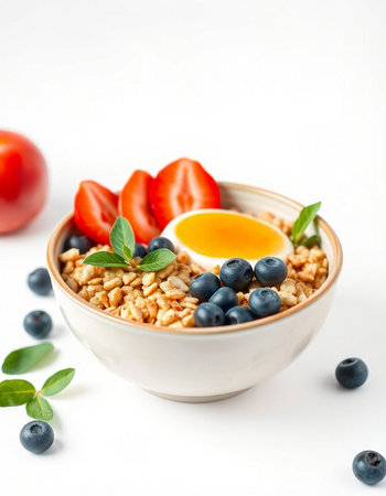 Healthy breakfast with oatmeal, berries and egg on white backgroundの写真素材