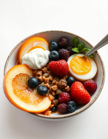 Healthy breakfast bowl with oatmeal, berries and egg on white backgroundの写真素材