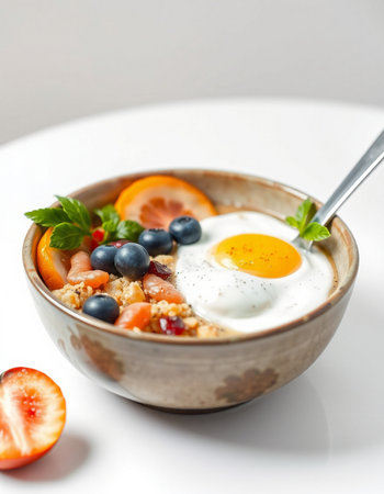 Healthy breakfast with oatmeal, berries and fried egg on white backgroundの写真素材