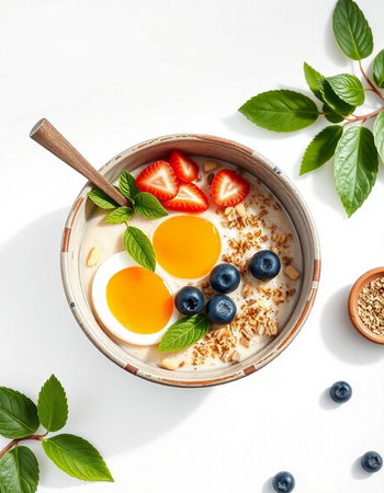 Oatmeal porridge with berries and eggs in a bowl on a white backgroundの写真素材