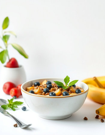 Healthy breakfast with muesli and fresh berries on white background