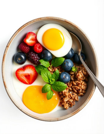 Healthy breakfast with oatmeal, berries and eggs on white background