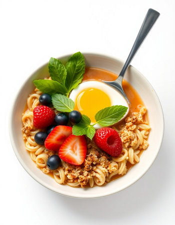 Bowl of instant noodles with fresh berries and egg on white background