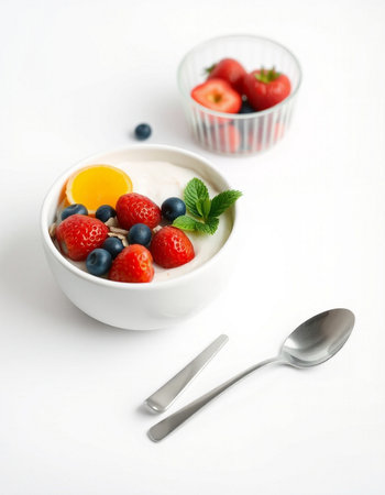 yogurt with fresh berries on white background. Healthy breakfast.の写真素材