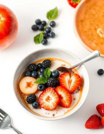 Healthy breakfast. Oatmeal porridge with fresh berries, strawberries and blueberries on white backgroundの写真素材