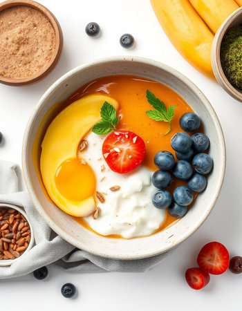 Healthy breakfast bowl with yoghurt, eggs and berries on white backgroundの写真素材