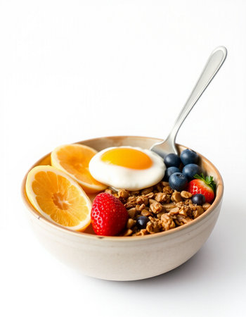 Healthy breakfast with muesli and egg isolated on white backgroundの写真素材