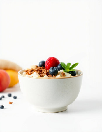 Healthy breakfast with granola, yogurt and berries on white background