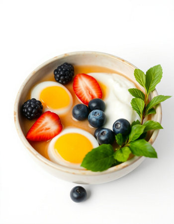 Breakfast with omelet, berries and yogurt on white background