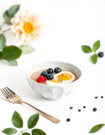 Healthy breakfast with yogurt, fresh berries and egg on white backgroundの写真素材