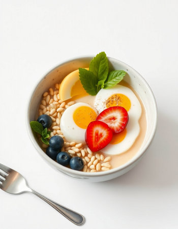 Healthy breakfast with oatmeal, yogurt and berries on white background