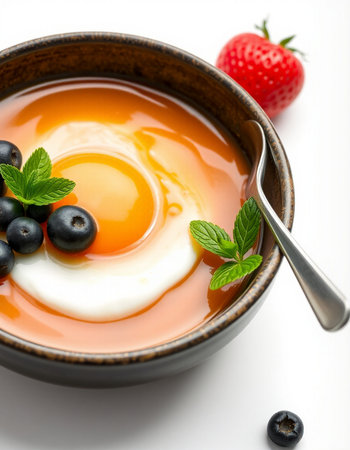 Soft-boiled egg in a bowl with fresh berries and mint