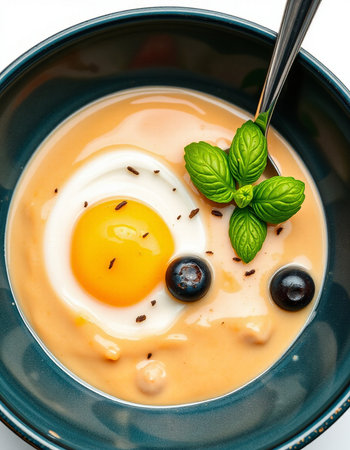 Fried egg in a bowl with blueberries and mint on a white background