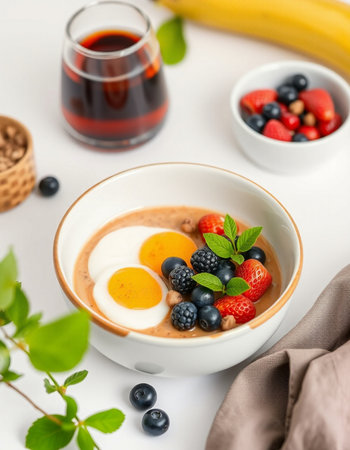 Healthy breakfast bowl with fresh berries, eggs and coffee