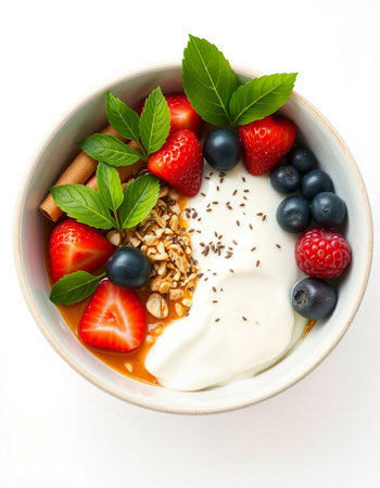 Yogurt with fresh berries and granola in bowl isolated on white backgroundの写真素材