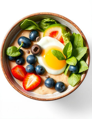 Healthy breakfast bowl with omelette, blueberries, strawberries and spinach