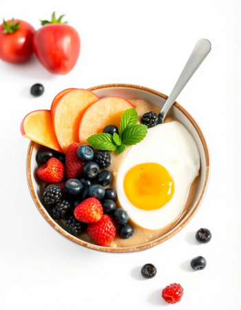 Healthy breakfast bowl with omelet, fruits and berries on white backgroundの写真素材