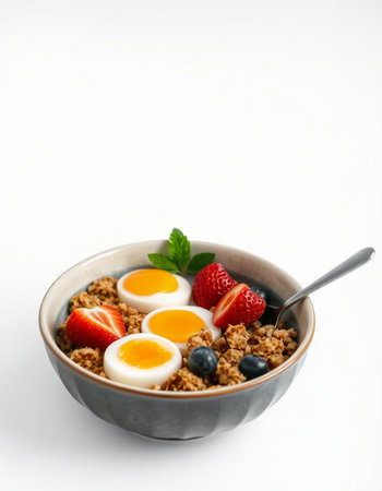 Healthy breakfast with muesli, eggs and berries on white backgroundの写真素材